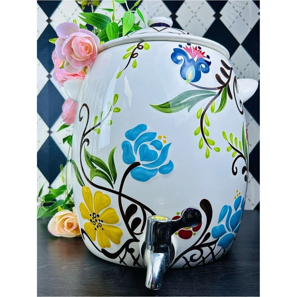 Oversized Floral Drink Dispenser 2 Gallon Ceramic Jardine‎ Drink Server & Lid